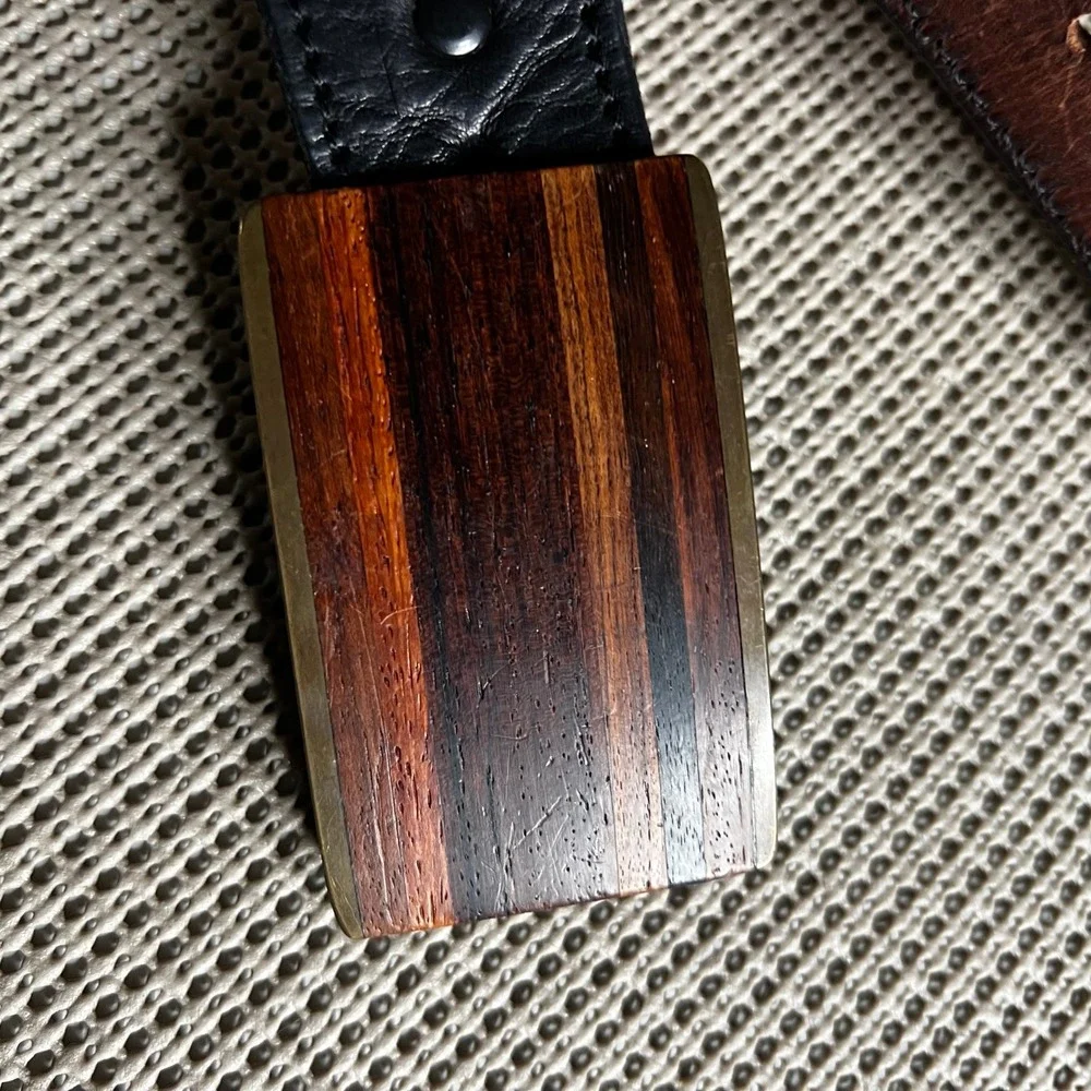 Kenneth Reid Albuquerque Black Leather Belt Exotic Wood Inlay Buckle Artisan